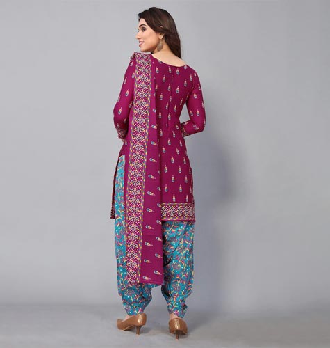 Magenta & Blue Printed Unstitched Dress Material